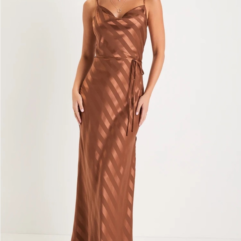 NWT Lulus Sleek Sophisticate Bronze Satin Striped Backless Cowl Maxi Dress